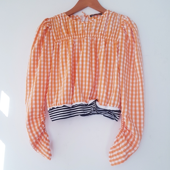 ZARA Orange Gingham Cropped Top - Picture 2 of 8